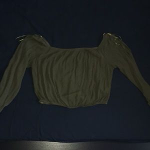 A Olive green fancy off the shoulder crop top.